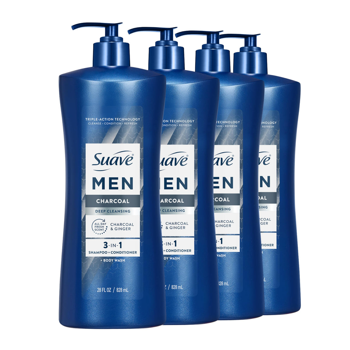 Suave bottle front packaging showing branding and charcoal benefits