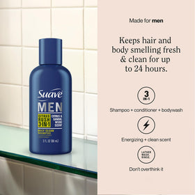 suave men close-up of label highlighting 3-in-1 convenience and scent