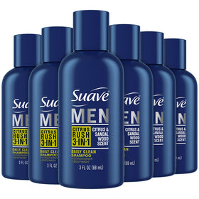suave men front packaging showing six travel bottles and clear benefits