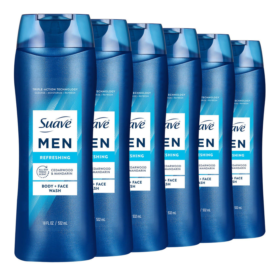 Suave front bottle showing cedarwood and mandarin scent and clear branding benefit