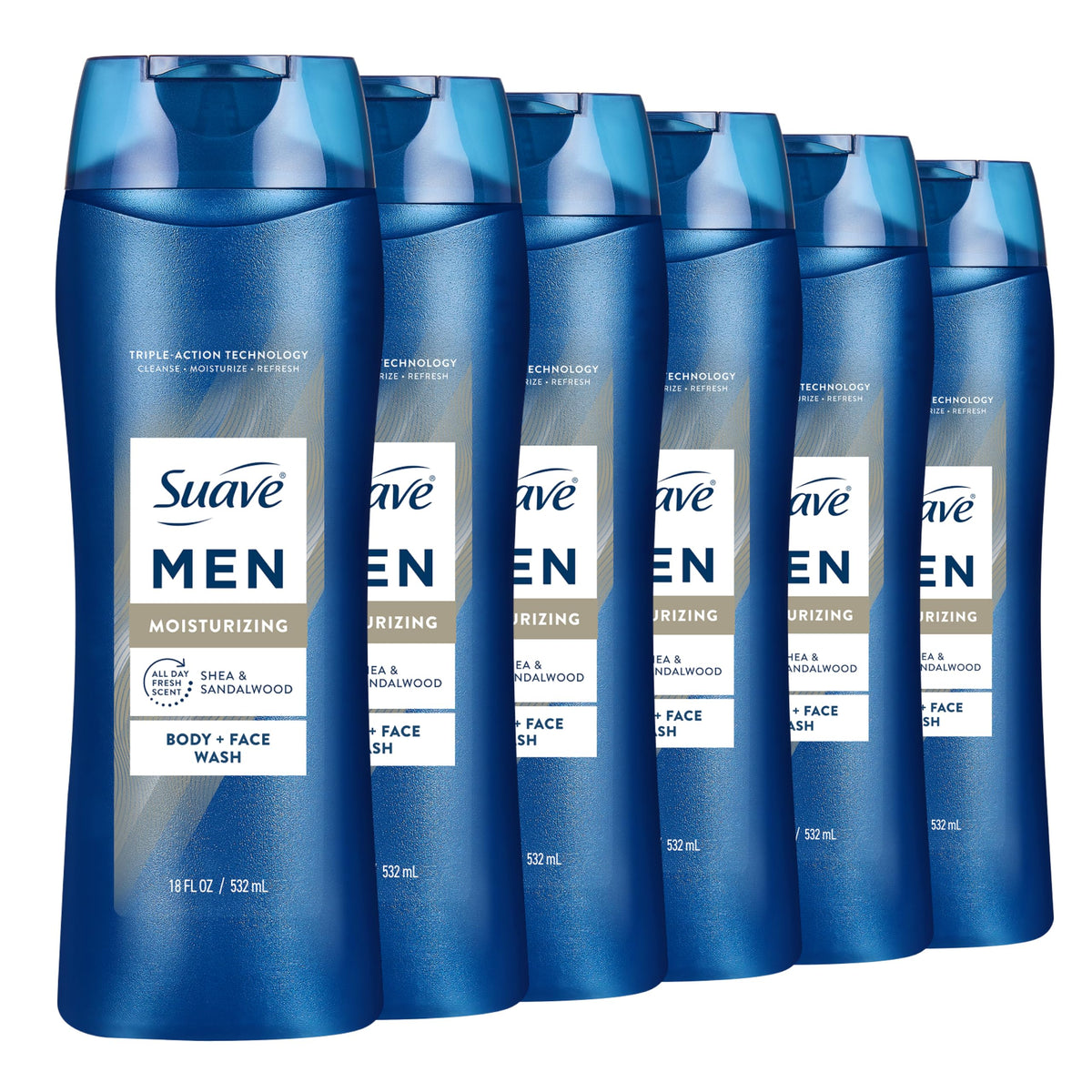 Suave men front packaging showing shea and sandalwood scent and clean branding