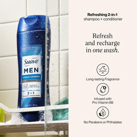 Suave Men Ocean Charge back label closeup listing ingredients and usage directions for clarity