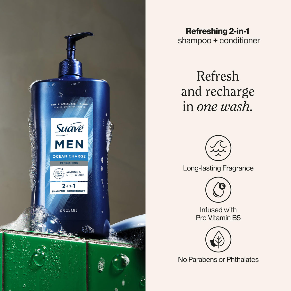Suave Men bottle back label highlighting ingredients and directions benefit