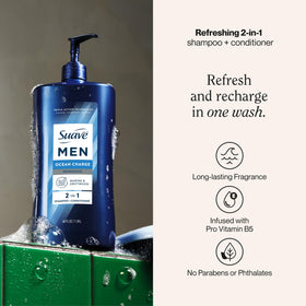 Suave Men bottle back label highlighting ingredients and directions benefit