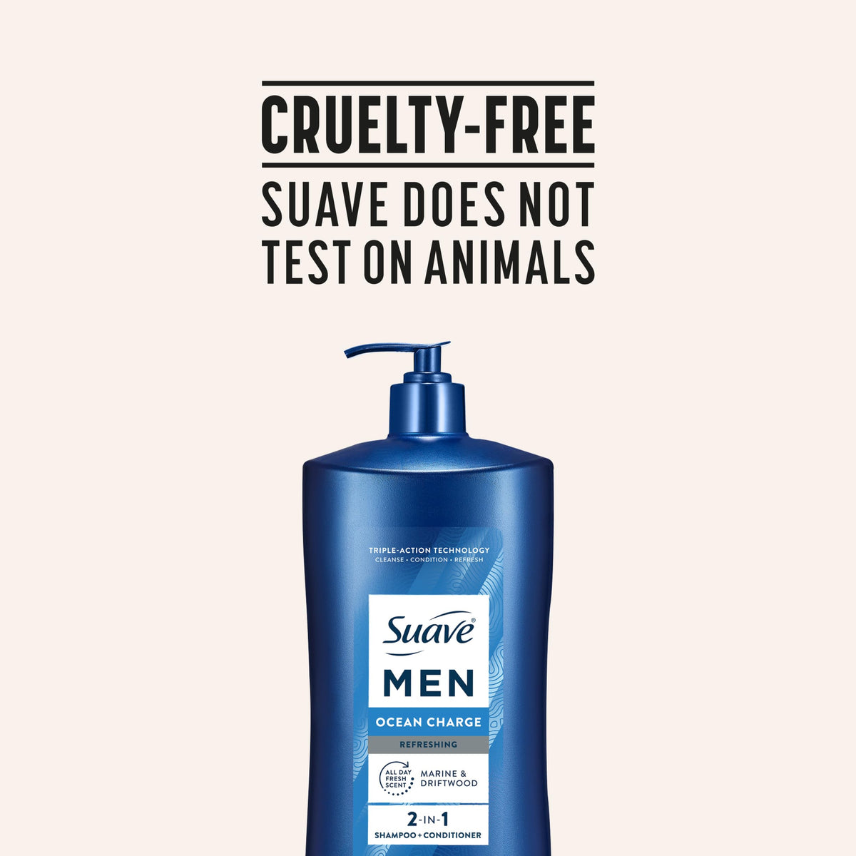 Suave Men cruelty-free badge on packaging showing ethical product promise benefit