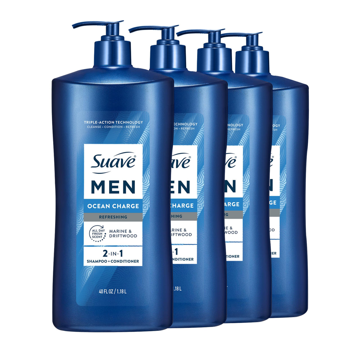 Suave Men bottle front pump showing product and easy dispensing benefit