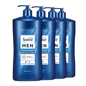 Suave Men bottle front pump showing product and easy dispensing benefit