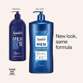 Hand pressing pump on Suave Men bottle showing convenient single-handed use benefit