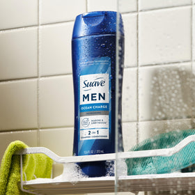 Suave Men Ocean Charge scent inspiration with driftwood and ocean props conveying fresh notes