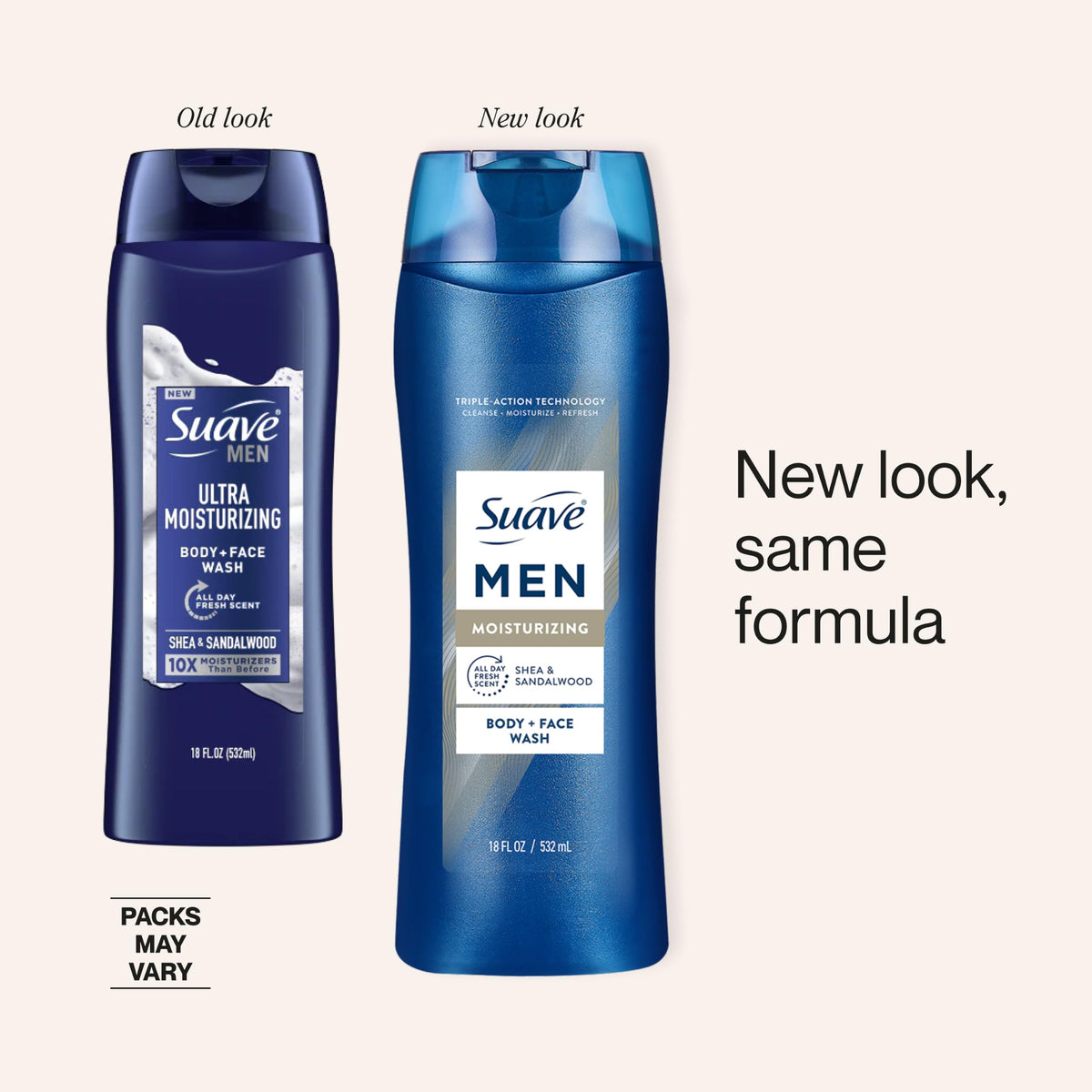 Suave men bottle on shower shelf with other grooming items showing routine convenience