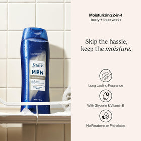 Suave men pump dispensing creamy lather demonstrating moisturizing texture benefit