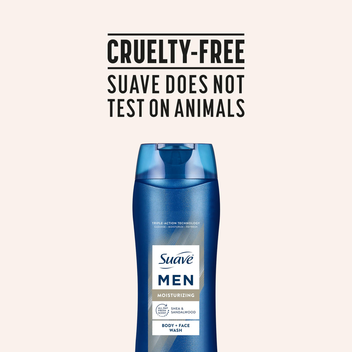 Suave men cruelty-free badge close-up highlighting ethical and clean formulation