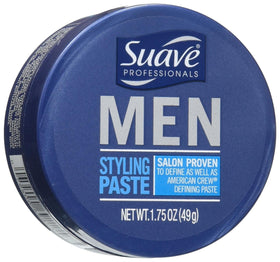 Suave men's styling paste front jar showing label and size, easy-grip packaging benefit
