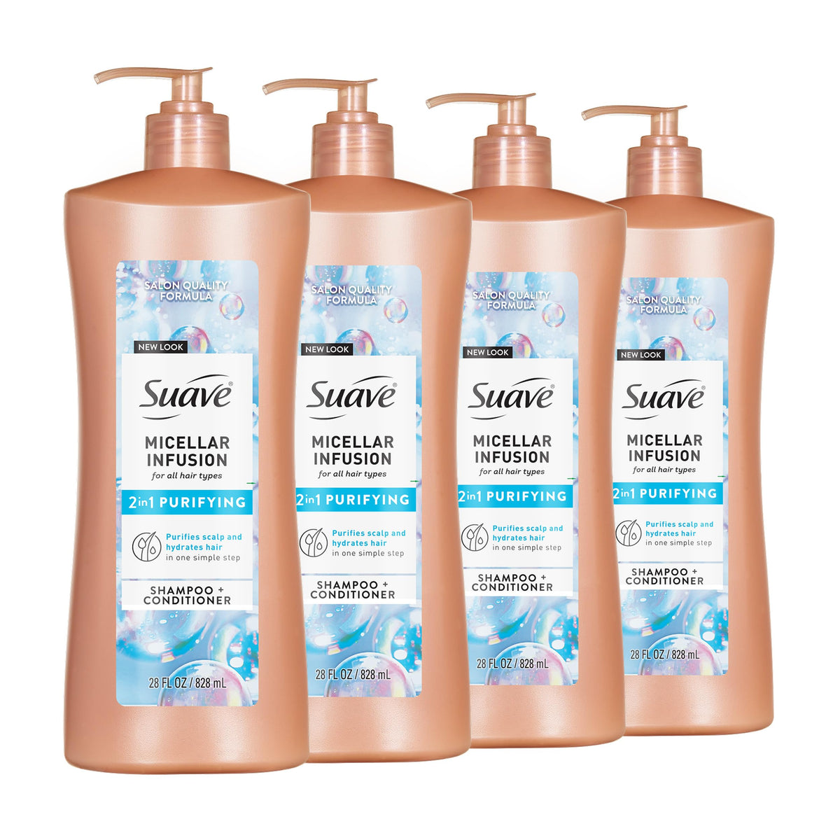 Suave micellar infusion front pump bottle showing 28 fl oz convenience and clear labeling benefit