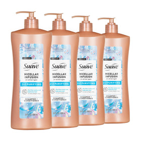 Suave micellar infusion front pump bottle showing 28 fl oz convenience and clear labeling benefit