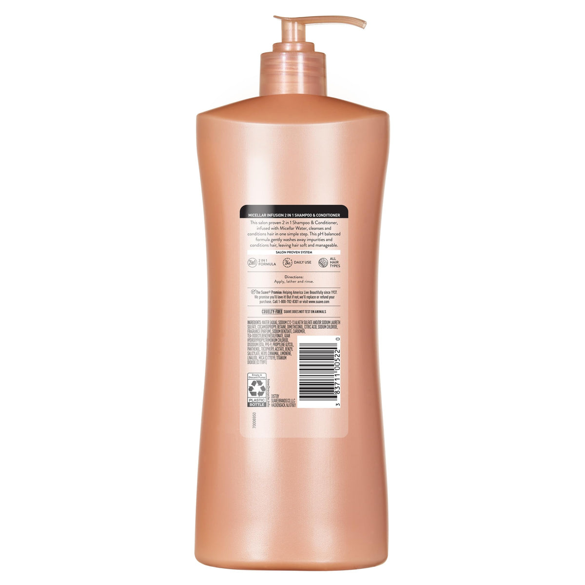 Suave 28 fl oz pump next to a common shampoo for scale showing value-sized family pack benefit