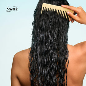 Suave aloe vera leaf next to bottle highlighting natural soothing hydration benefits