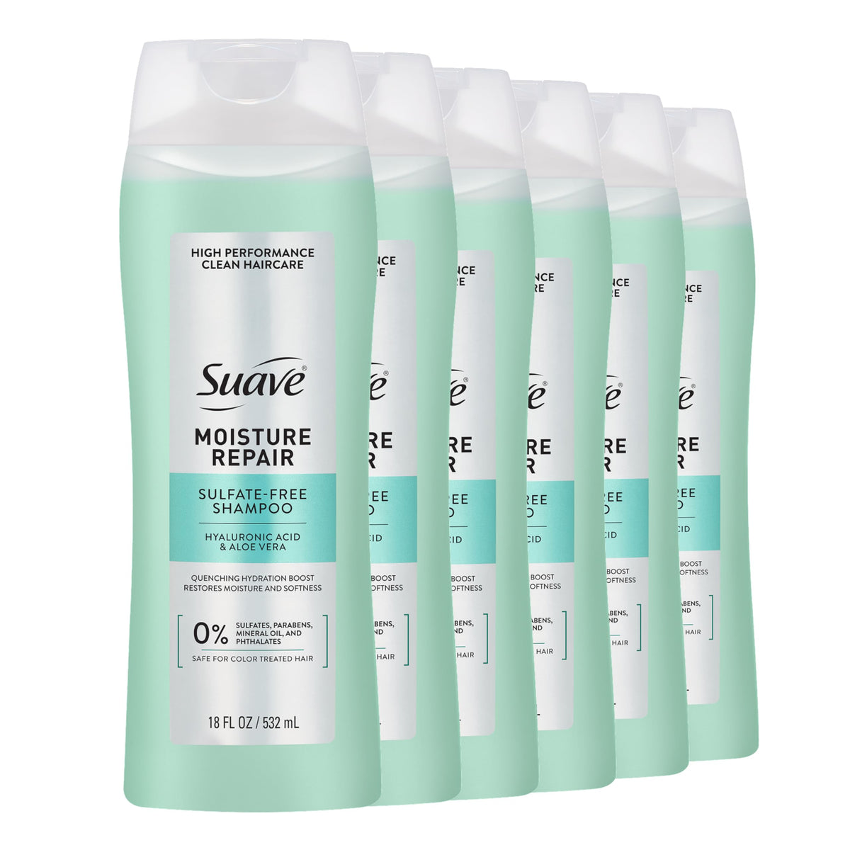 Suave front bottle showing packaging and benefits for hydrated hair
