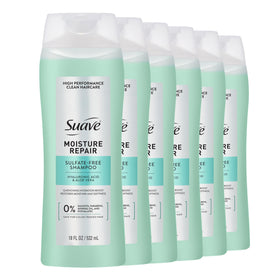 Suave front bottle showing packaging and benefits for hydrated hair