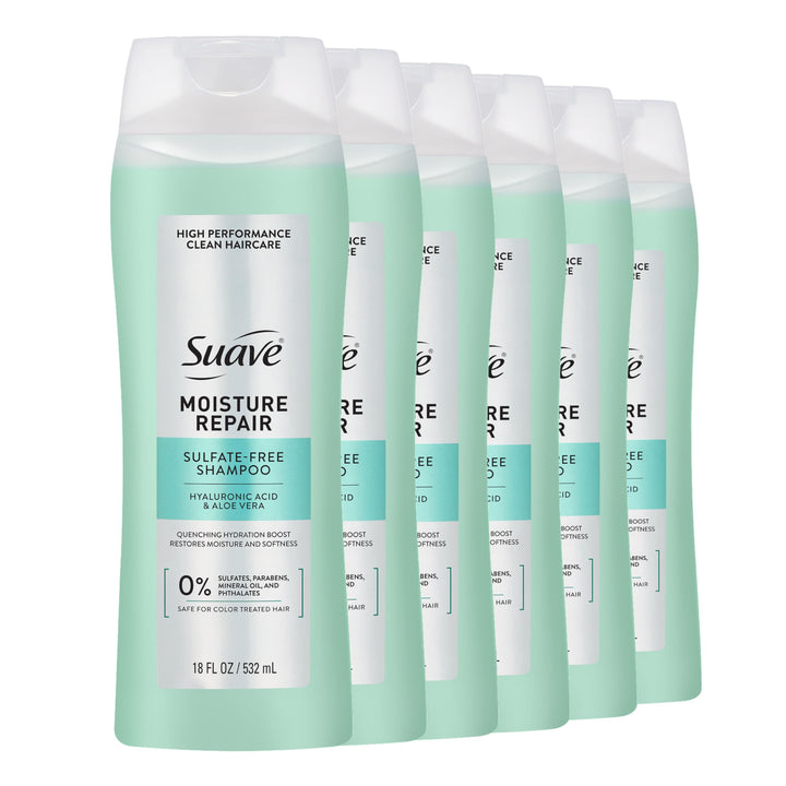Suave front bottle showing packaging and benefits for hydrated hair