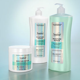 Suave bottle styled on bathroom shelf suggesting daily use