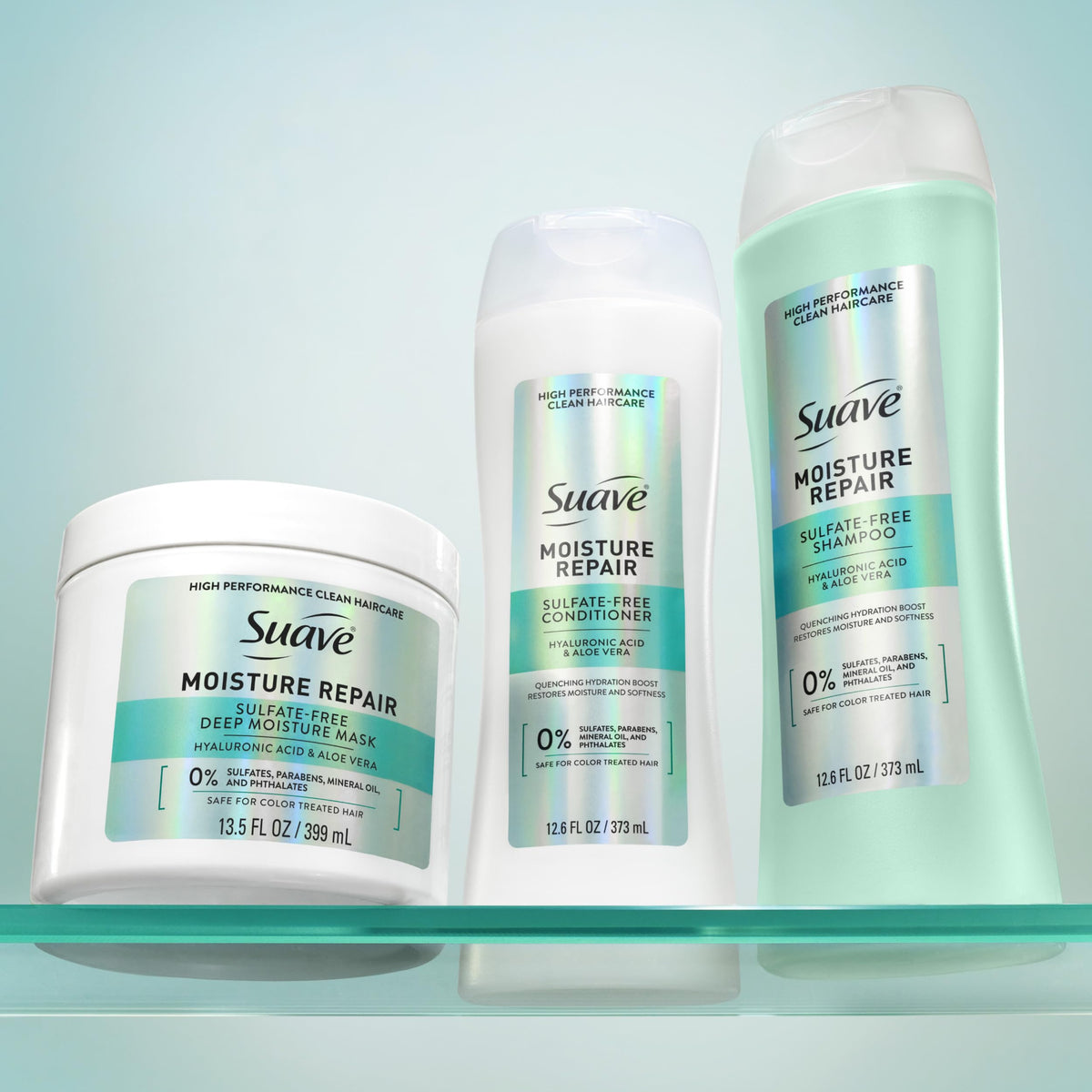 Suave conditioner paired with matching shampoo for routine benefits