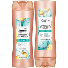 Suave Moroccan Oil duo front packaging showing bottles and benefits
