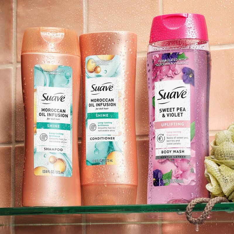 Suave bottles on bathroom shelf suggesting everyday shine routine