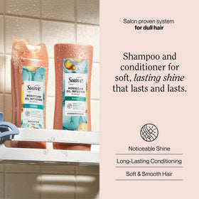 Suave shampoo texture being poured to show gentle, hydrating lather