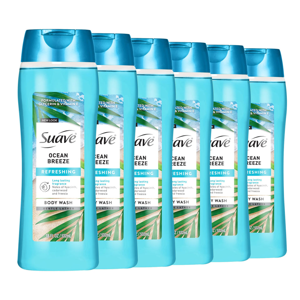 suave front packaging showing bottle and ocean design for refreshing scent