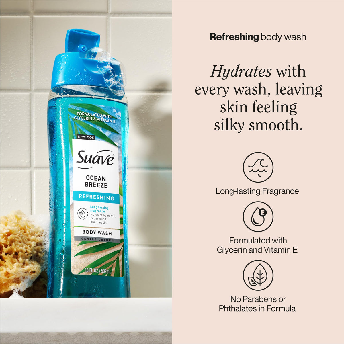 suave pump detail highlighting easy-dispense cap and shower convenience