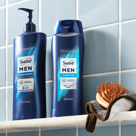 Multiple Suave Men Ocean Charge bottles in a family bathroom showing bulk supply advantage