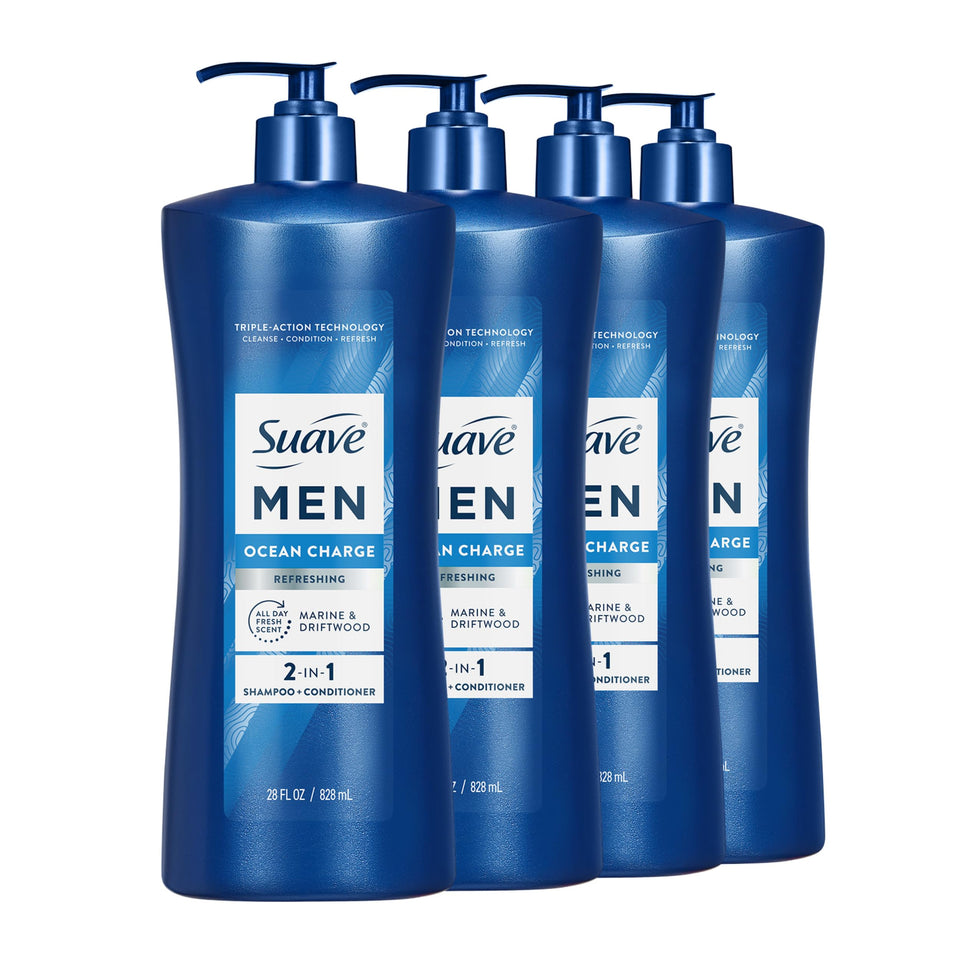 Suave Men Ocean Charge front pump bottle showing product branding and size benefits