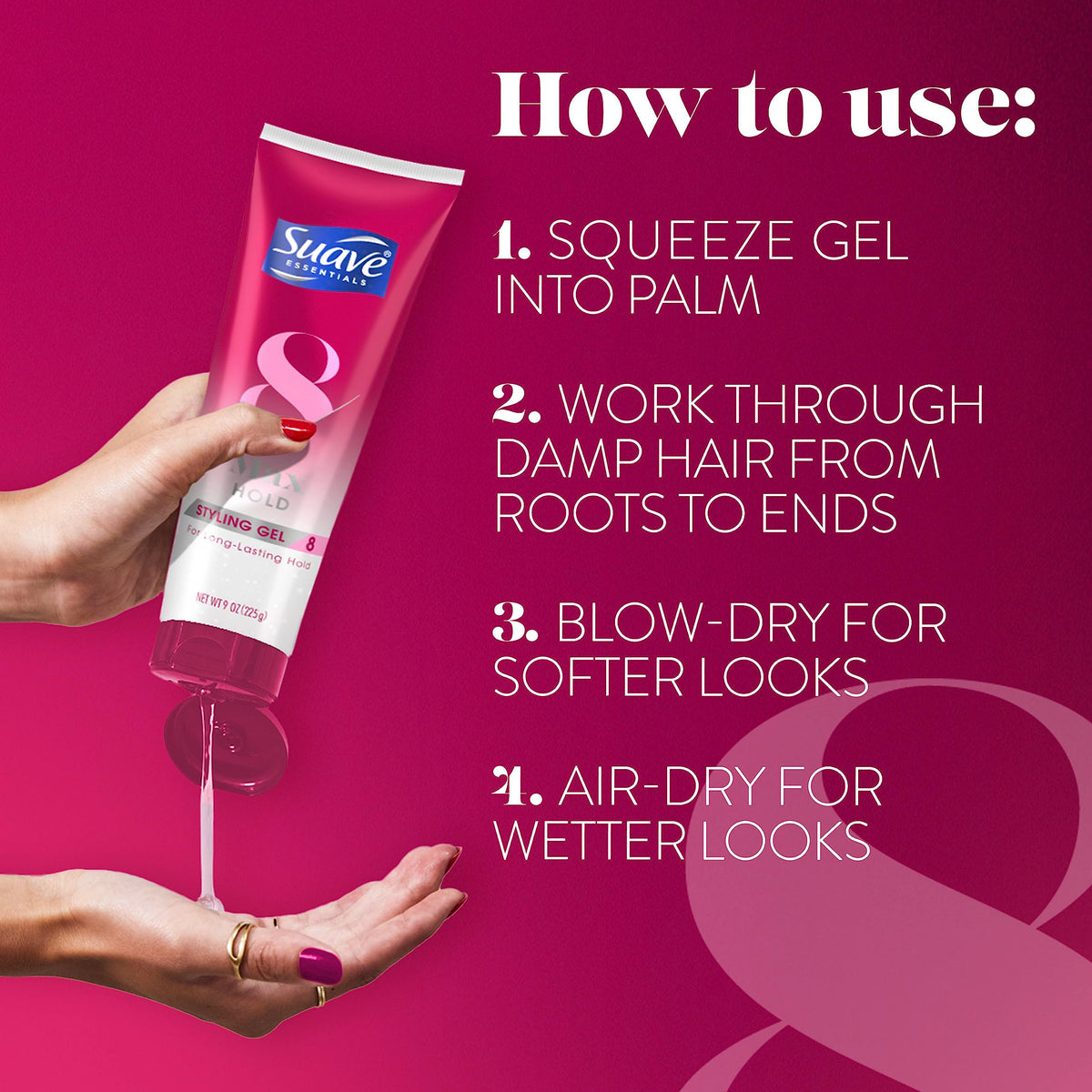 Open jar top view of Suave gel showing clear product and easy scoop benefit