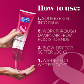 Open jar top view of Suave gel showing clear product and easy scoop benefit