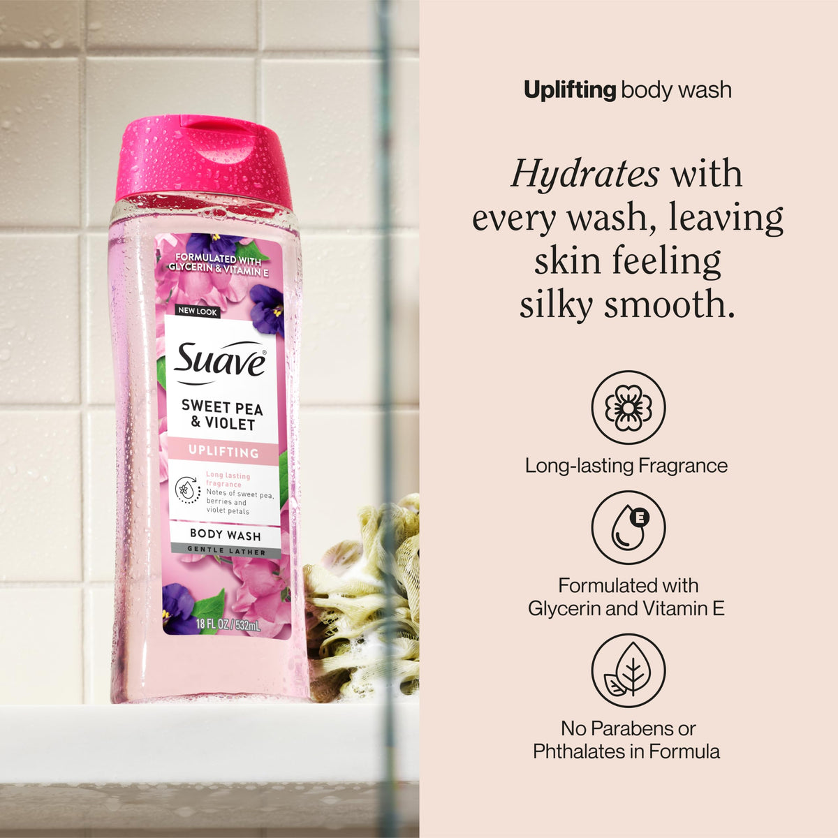 Suave body wash being poured producing rich lather for clean skin