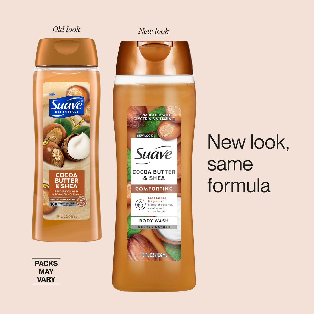 Suave body wash being poured from bottle into hand for controlled use