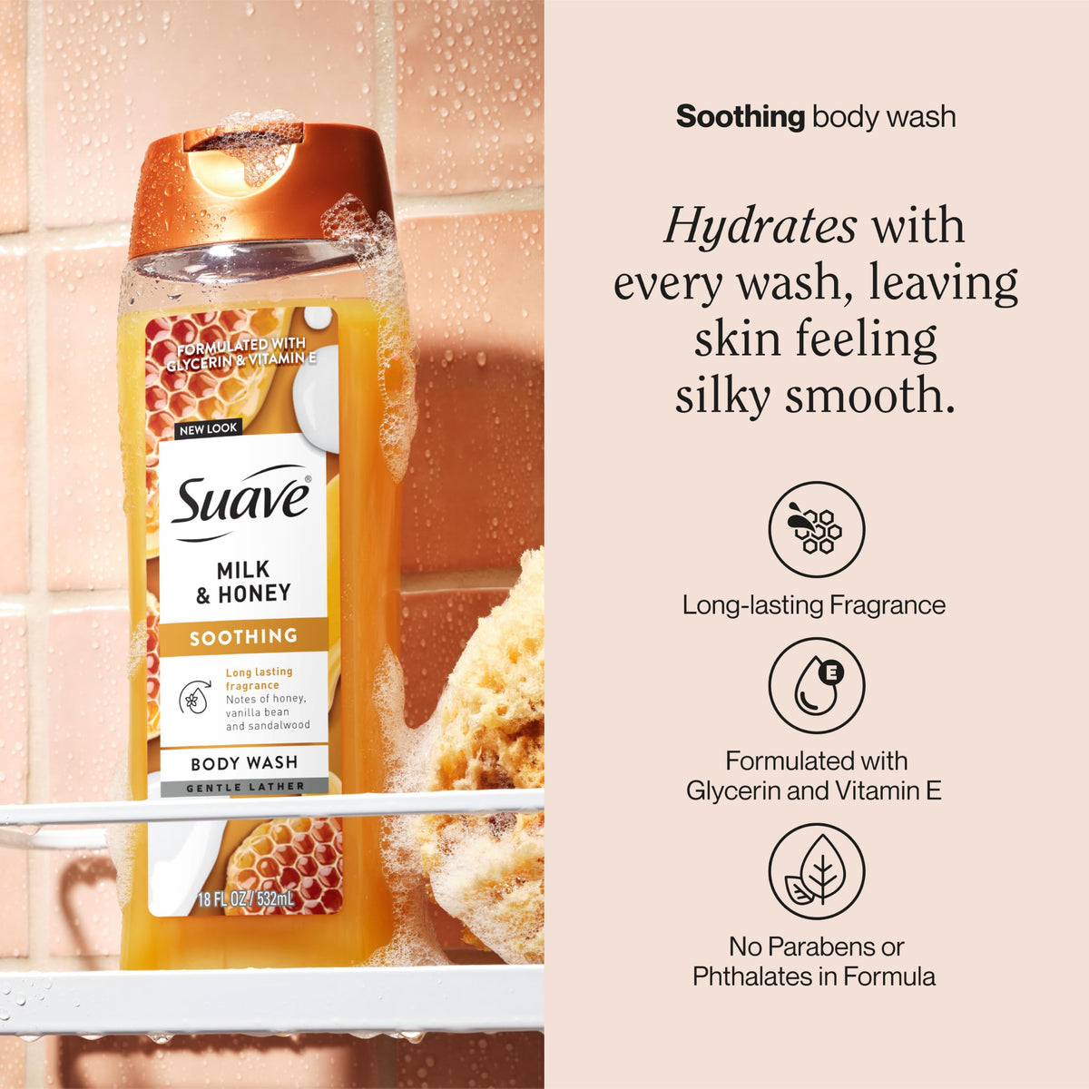Suave label close-up highlighting ingredient names for gentle hydration