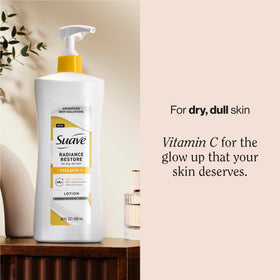 Suave lotion dispensed on hand showing smooth texture and fast absorption benefit