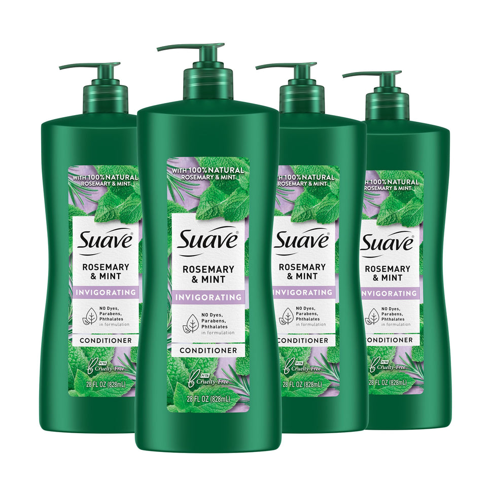 Suave bottle front view showing rosemary and mint scent benefits