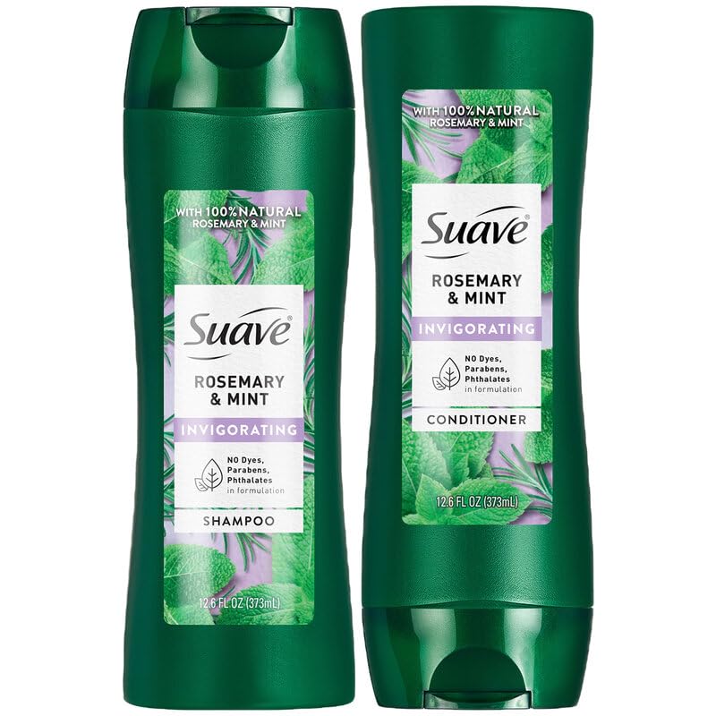 Suave rosemary and mint front packaging showing both 12.6 oz bottles and benefits