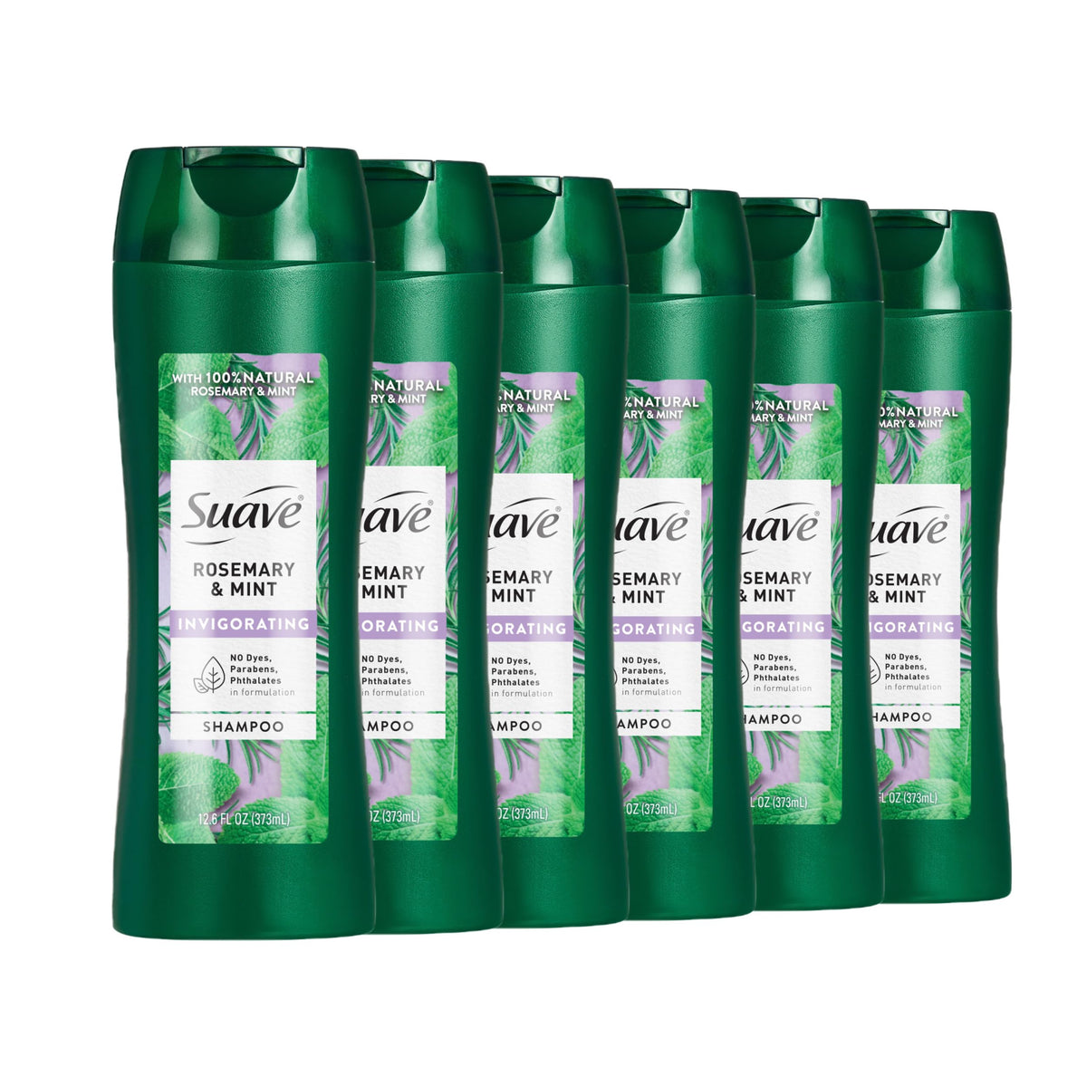 Suave bottle front packaging showing rosemary and mint for refreshing cleanse
