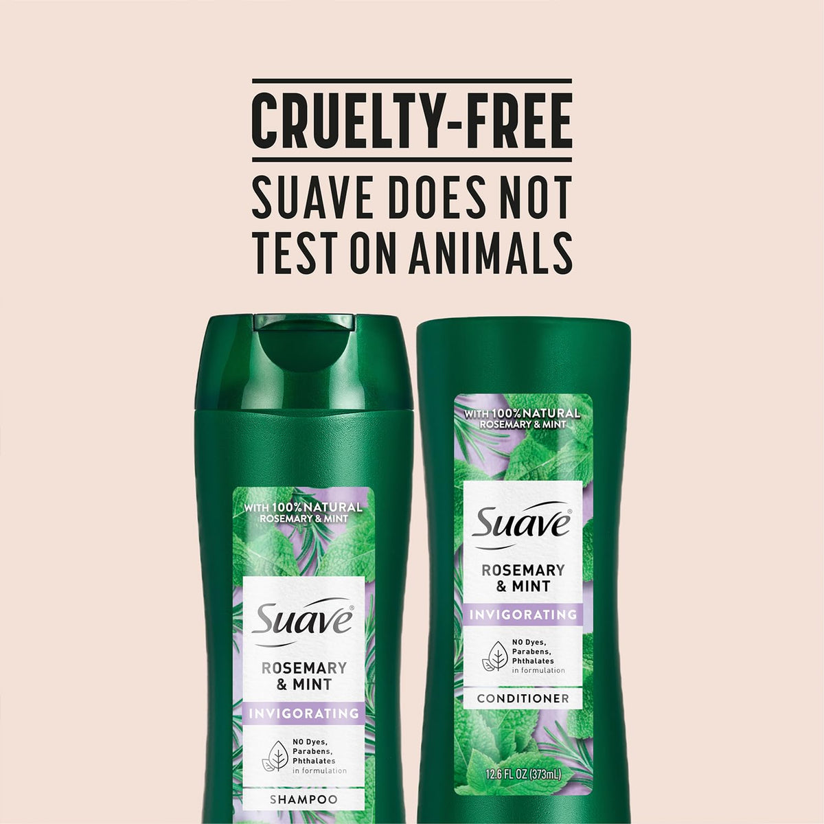 Suave rosemary and mint sprig near bottle highlighting natural ingredient benefit