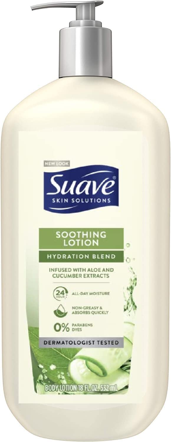Suave soothing aloe front packaging showing 32 oz bottle and benefits