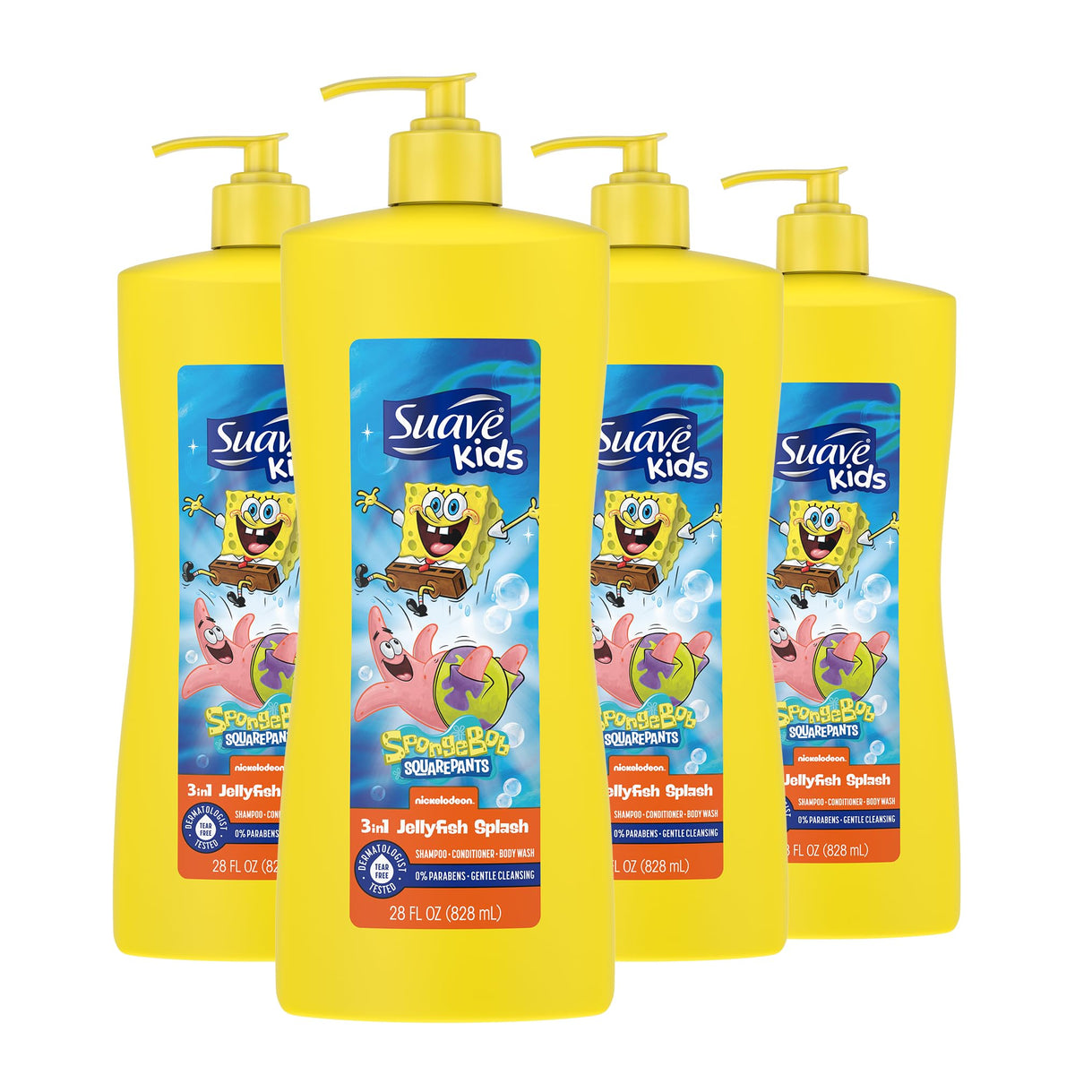Suave bottle front showing SpongeBob design and Jellyfish Blast scent, brand fun appeal