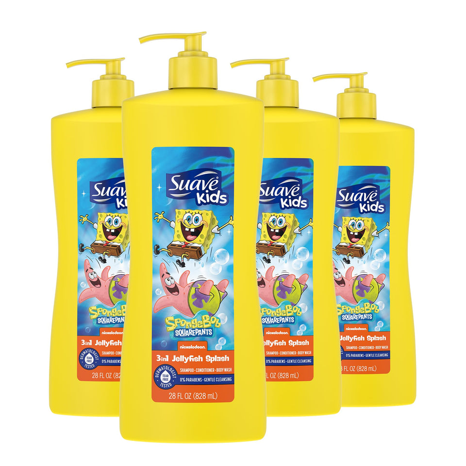 Suave bottle front showing SpongeBob design and Jellyfish Blast scent, brand fun appeal