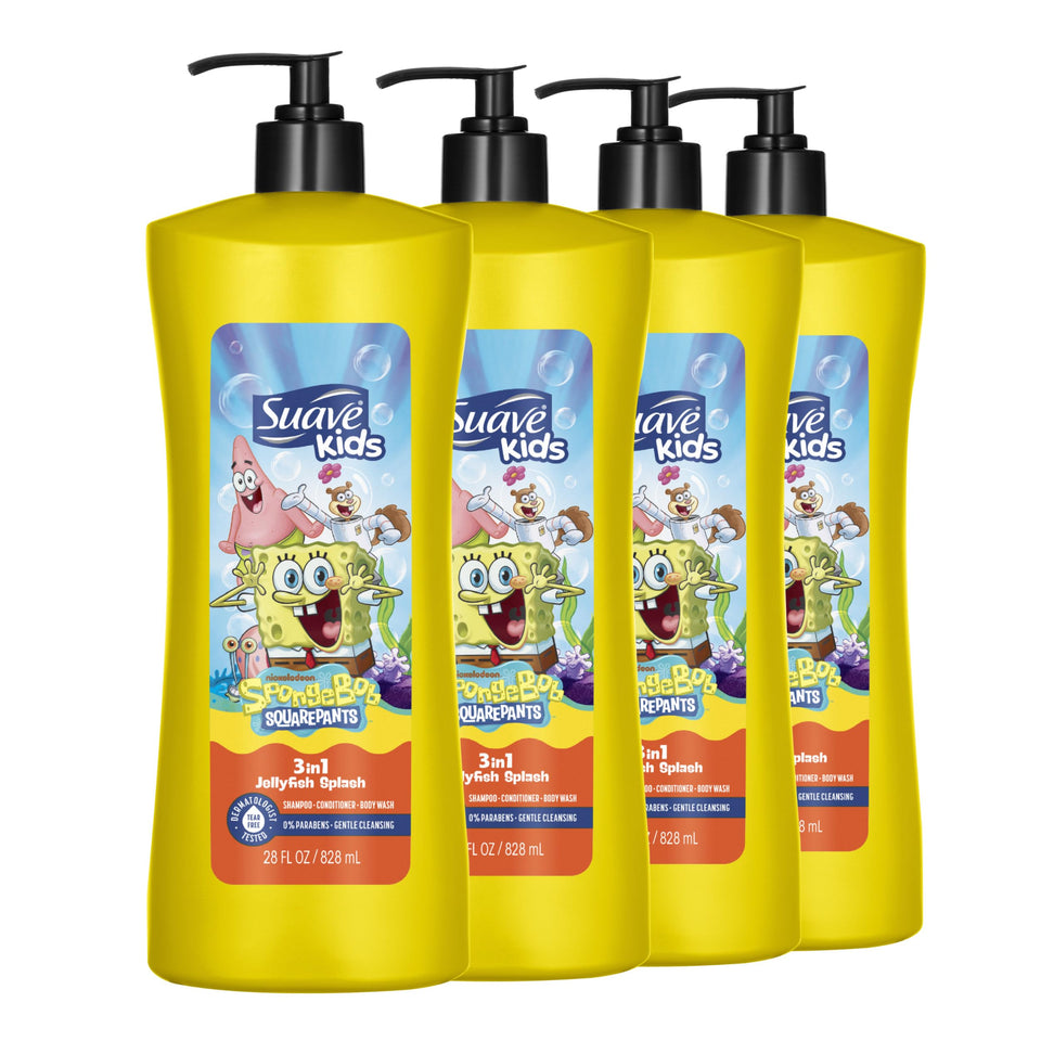 Suave kids bottle front packaging showing SpongeBob and JellyFish Splash scent benefit