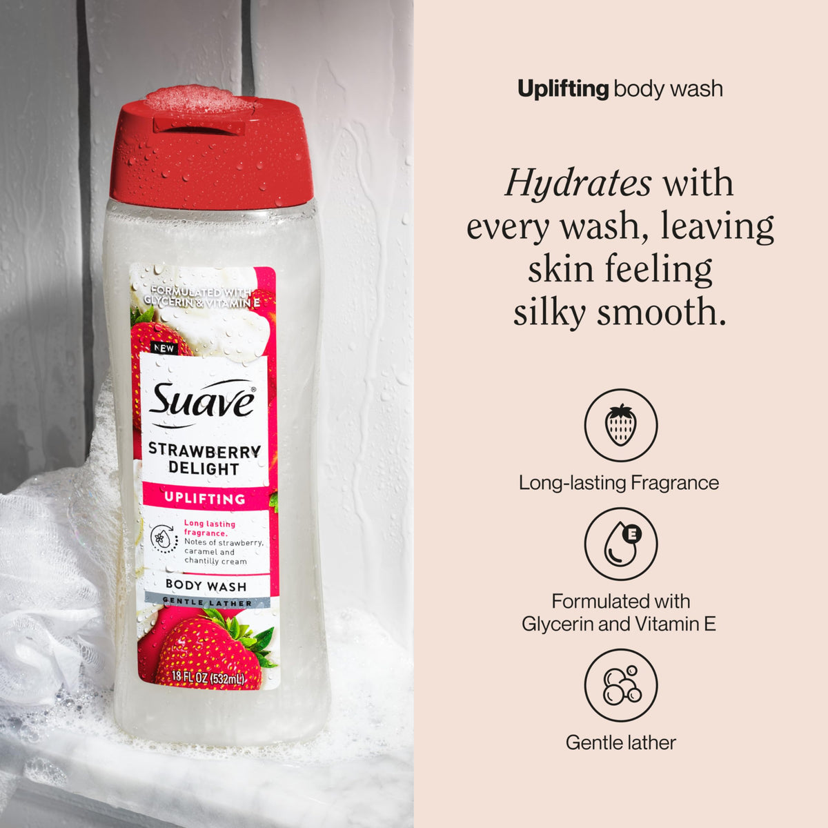 Suave back label ingredients panel highlighting glycerin and vitamin E benefits
