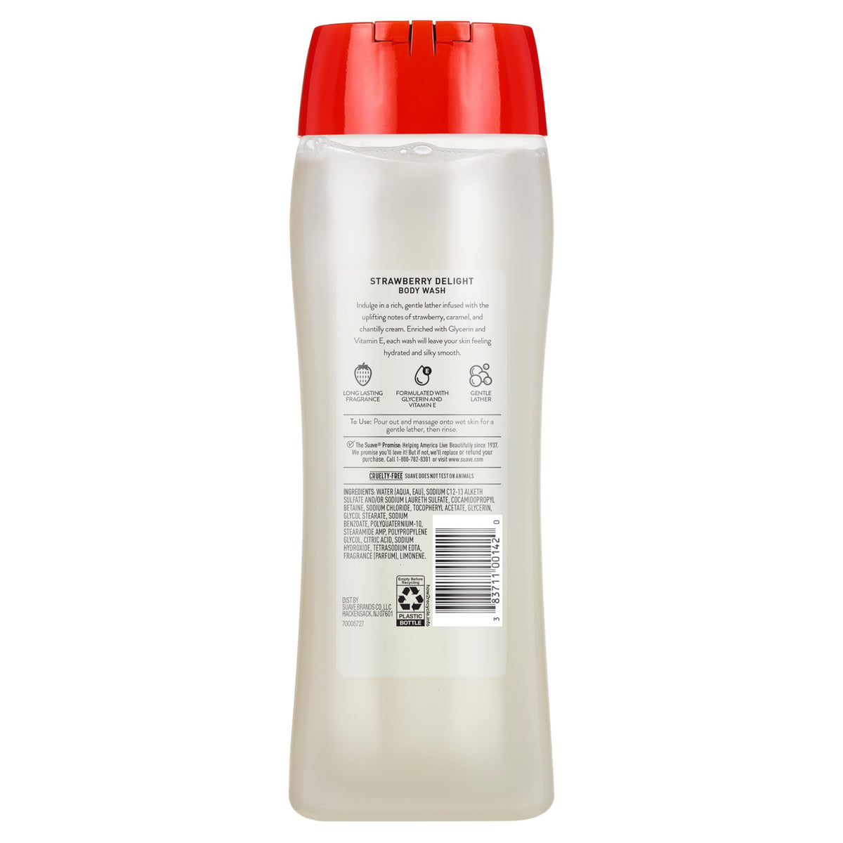 Suave bottle placed on shower shelf showing easy everyday use benefit
