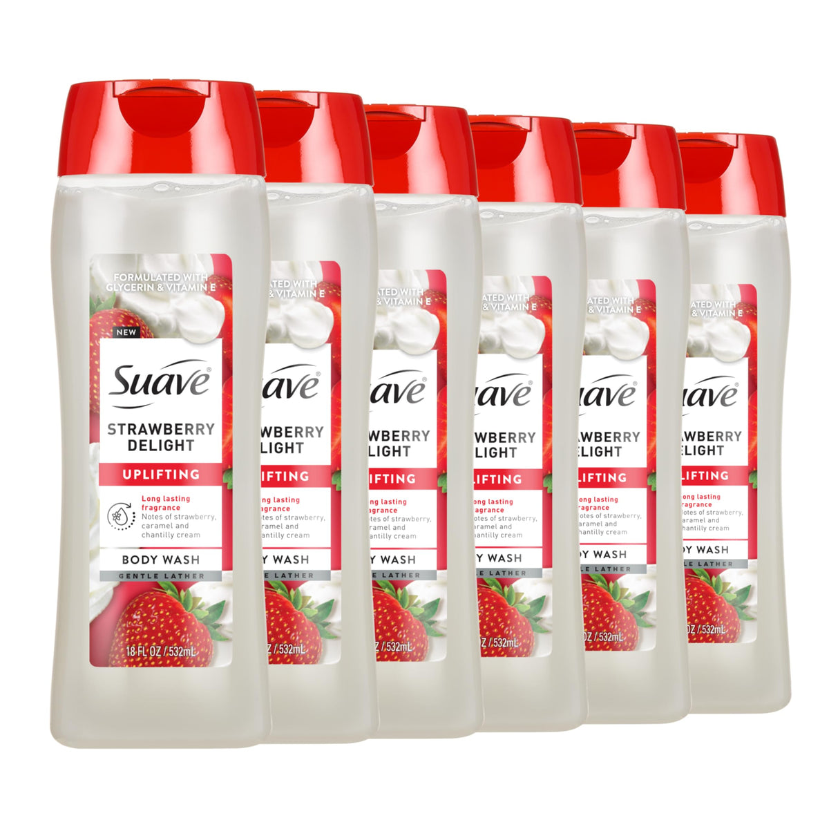 Suave front bottle showing label and fruity strawberry scent benefit